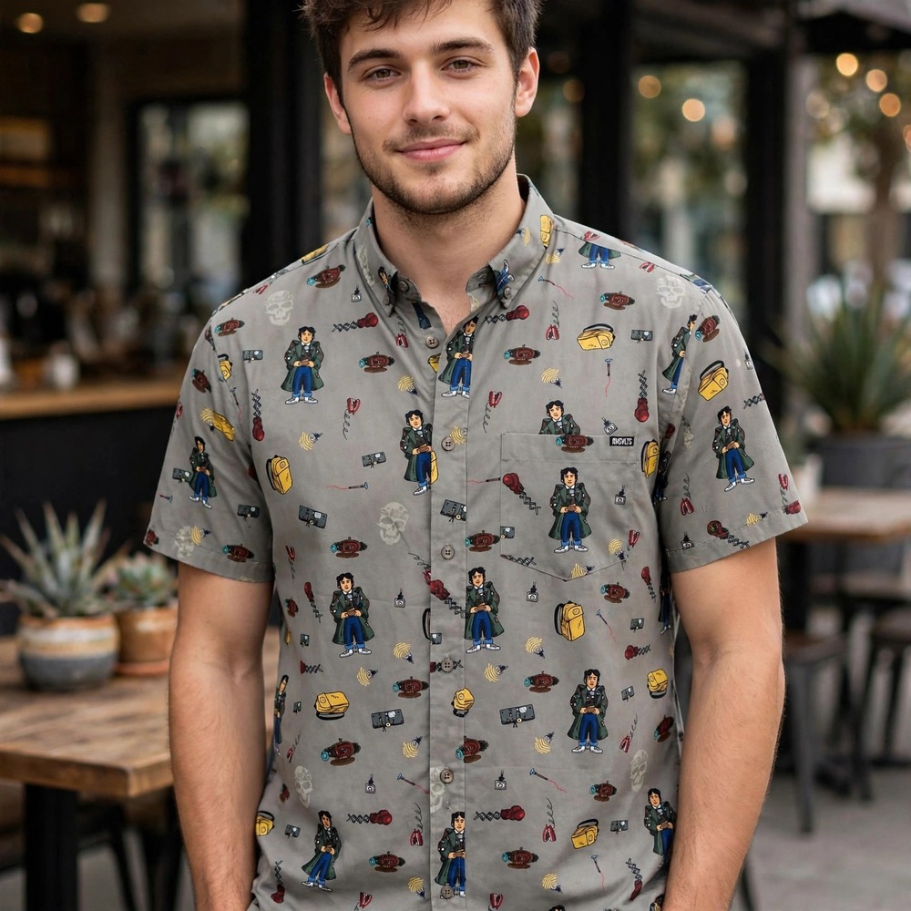 RSVLTS The Goonies Data Kunuflex Shirt Mens Medium Grey Short Sleeve Button Down